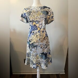 Talbots Blue and Cream Botanical Midi Dress